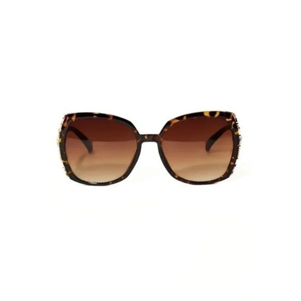 Cross My Way Round Frame Rhinestone Temple Sunglasses Tortoise‎